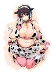 1girl animal_ears bell bell_collar breasts brown_eyes brown_hair cleavage collar cow_bell cow_ears cow_horns cow_print erect_sawaru fat horns huge_breasts idolmaster idolmaster_cinderella_girls oikawa_shizuku open_mouth plump short_hair skirt