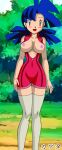  1girl alluring blue_hair breasts_outside kageta lake_art marina_(pokemon) pokemon stockings voluptuous zage_inc 