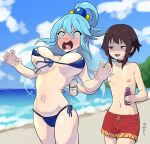 1girl 2_girls :d aqua_(konosuba) areola areola_slip beach beer_can bikini blue_bikini blue_eyes blue_hair blue_sky blush bottle bouncing_breasts breast_slip breasts breasts_apart brown_hair can choker cloud crossdressing full-face_blush high_resolution kono_subarashii_sekai_ni_shukufuku_wo! long_hair male_swimwear male_swimwear_challenge megumin multiple_girls myahogao navel nipples ocean open-mouth_smile open_mouth pettanko ponytail red_eyes sky small_breasts smile surprised swimming_trunks swimsuit tears teeth tied_hair tomboy tongue topless very_high_resolution wardrobe_malfunction