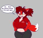  anthro big_breasts breasts button_pop canine clothing fox fur furry goblinhordestudios green_eyes grey_background hair mammal midriff navel original red_fur red_hair simple_background speech_bubble tight_clothing vicki_valentine voluptuous wide_hips 