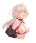 ahoge bangs big_breasts bigrbear bikini black_choker black_jacket breasts breasts_out_of_clothes choker clothing fate/grand_order fate_(series) grey_hair hair_between_eyes high_resolution jacket jeanne_alter_(swimsuit_berserker) jeanne_d'arc_(alter) long_hair looking_at_viewer medium_breasts o-ring o-ring_bikini shrug_(clothing) silver_hair swimsuit upper_body yellow_eyes