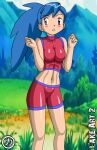 alluring athletic_female blue_eyes blue_hair blush female_abs fit_female gym_shorts kageta lake_art lavender_eyes outside pokemon_(anime) shauna shauna_(pokemon) shinobu shinobu_(pokemon) sports_bra toned_female voluptuous zage_inc