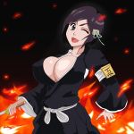 big_breasts black_hair bleach breasts brown_eyes fire greengiant2012 hinamori_momo momo_hinamori solo sword weapon