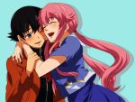  1boy 1girl ageha amano_yukiteru black_hair blue_eyes blush breasts couple gasai_yuno happy hetero hug jacket long_hair mirai_nikki open_mouth pink_hair short_hair simple_background solo twin_tails yukiteru_amano yuno_gasai 