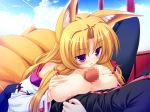 1boy 1girl animal_ears between_breasts blonde_hair blush breast_press breasts breasts_outside fox_ears huge_breasts japanese_clothes long_hair multiple_tails nipples paizuri parted_lips purple_eyes tail