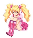 1girl blonde_hair blush boots choker collarbone cure_peach fresh_precure! fresh_pretty_cure! frilled_panties frills hair_ornament heart heart_hair_ornament knee_boots knee_hug leg_hug long_hair magical_girl momozono_love oekaki panties panties_aside panty_pull pink_eyes precure pretty_cure pussy red_eyes simple_background sitting skirt smile solo takayaki twin_tails twintails uncensored underwear white_background