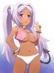  1girl alternate_breast_size blush breasts cameltoe dark_skin demon_tail long_hair meow_(nekodenki) mirai_nikki murmur_(mirai_nikki) muru-muru murumuru navel no_bra panties ponytail purple_eyes purple_hair solo tail twintails underboob underwear v 