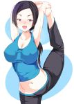 1girl amasora_taichi barefoot big_breasts black_hair breasts capri_pants covered_nipples erect_nipples feet foot_hold hands_on_feet large_breasts long_hair midriff pale_skin pants ponytail spandex stretch super_smash_bros. tank_top toes trainer_(wii_fit) wii_fit wii_fit_trainer