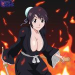 big_breasts black_hair bleach breasts brown_eyes fire greengiant2012 hinamori_momo momo_hinamori solo sword weapon