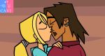 alejandro_burromuerto_(tdi) big_breasts blonde_hair bridgette_(tdi) cartoon_network cavi_(artist) green_eyes hourglass_figure kissing light-skinned_female long_blonde_hair long_hair navel surfer_girl thick_ass thick_legs thick_thighs total_drama_island