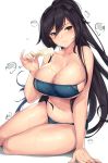 1girl arm_support bangs bikini black_hair breasts bubble cleavage dripping food idolmaster large_breasts long_hair looking_at_viewer melting multi-strapped_bikini navel popsicle shirase_sakuya simple_background sitting skindentation swimsuit thighs tony_guisado under_boob yellow_eyes