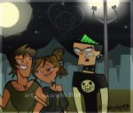  2boys black_eyes blue_eyes breasts brown_hair brown_skin cartoon_network courtney_(tdi) dark-skinned_female duncan_(tdi) freckles green_hair heart hourglass_figure justin_(tdi) latina mohawk_(hairstyle) multiple_boys punk short_hair teeth thick_ass thick_legs thick_thighs total_drama_island 