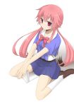  1girl blush breasts gasai_yuno knife long_hair mirai_nikki nyakelap pink_eyes pink_hair red_eyes simple_background sitting skirt smile solo twin_tails very_long_hair wariza weapon white_background yuno_gasai 