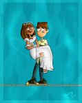 black_eyes breasts brown_hair brown_skin cartoon_network cody_(tdi) courtney_(tdi) dark-skinned_female freckles full_body hourglass_figure interracial latina short_hair teeth thick_ass thick_legs thick_thighs total_drama_island watermark wedding_dress