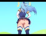 1_girl 1girl aqua_(konosuba) ass blue_hair blue_legwear cleft_of_venus detached_sleeves female female_only high_resolution kono_subarashii_sekai_ni_shukufuku_wo! long_hair mrsakai no_panties partially_clothed pussy see-through shiny shiny_skin signature solo standing upskirt vaginal_juices white_legwear