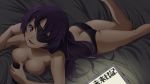 1girl ass bare_legs bare_shoulders black_panties breasts butt_crack buttons cleavage eyepatch isshin large_breasts legs long_hair looking_at_viewer lying minene_uryuu mirai_nikki murata_isshin on_stomach open_mouth panties panties_only purple_eyes purple_hair solo switch topless underwear underwear_only uryuu_minene