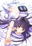 1girl animal_ears bed_sheet black_hair blush butt_crack fake_animal_ears folded_clothes foreshortening gokou_ruri hands long_hair lying metallican mole on_side on_stomach ore_no_imouto_ga_konna_ni_kawaii_wake_ga_nai panties purple_hair red_eyes solo stockings thighhighs underwear white_legwear white_panties