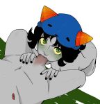  black_hair black_nails blush fellatio female green_eyes homestuck karkat_vantas nail_polish navel nepeta_leijon oral penis white_background yellow_sclera 