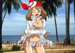 alluring beach big_breasts bikini breasts haruka_(pokemon) jacket kageta looking_at_viewer may panties pokemon shishizurui_art shishizurui_art_(artist) white_jacket wink