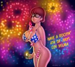 2013 4th_of_july american_flag_bikini between_breasts big_breasts bikini black_eyes breasts brown_hair cleavage drew_gardner_(artist) fire firework_rocket fireworks freckles large_breasts lighter lipstick nerd scooby-doo shiny shiny_skin short_hair smile solo teen velma_dinkley