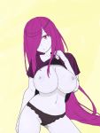  1_girl 1girl areola big_breasts black_underwear breasts breasts_out_of_clothes female female_only hair_over_one_eye lifted_by_self long_hair looking_at_viewer midriff navel nipples no_bra purple_eyes purple_hair re:zero_kara_hajimeru_isekai_seikatsu sekhmet_(re:zero) shirt shirt_lift shirt_lifted_by_self solo 