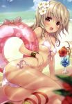 :d absurd_res ass beach bikini blonde_hair blurry blush bracelet breasts brown_eyes dengeki_hime depth_of_field drink flower front-tie_top hair_flower hair_ornament hibiscus high_res innertube jewelry leg_ribbon long_hair looking_at_viewer lying minamura_haruki navel on_side open_mouth original sandals side-tie_bikini smile solo swimsuit tan tan_line water