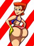 4th_of_july american_flag_bikini bikini black_eyes breasts dexter's_laboratory dexter's_mom ear_piercing earrings gloves jewelry lipstick looking_back milf orange_hair piercing print_bikini red_lipstick shiny shiny_skin short_hair smile solo wide_hips