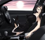 bare_shoulders black black_hair bulge car car_interior character_request dress erect_nipples erection futanari glasses hair jk penis puffy_nipples solo source_request stockings sunset tk-47