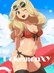 1girl :d ;d beach bikini black_legwear blonde_hair blue_eyes breasts brown_eyes brown_hair cleavage cloud clouds copyright_name creatures_(company) front-tie_top game_freak glasses humans_of_pokemon ikeshita_moyuko large_breasts light-skinned_female long_hair navel nintendo no_hat no_headwear ocean one_eye_closed open_mouth pokemon pokemon_(anime) pokemon_(game) pokemon_xy serena_(pokemon) shiny shiny_skin side-tie_bikini skindentation sky smile solo sunglasses sunglasses_on_head surfboard swimsuit text thighhighs water wink