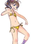  1girl ahoge bikini brown_hair collarbone flat_chest green_eyes long_hair lowleg lowleg_bikini mound_of_venus naav navel original ponytail scrunchie side-tie_bikini simple_background single_sock small_breasts smile socks solo swimsuit twinpoo white_background yellow_bikini 