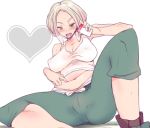 1girl :d angry ankle_boots armpits bare_shoulders belly belly_poke blonde_hair boots breasts breasts_apart breath camera capri_pants cellphone cellphone_camera cleavage covered_nipples crop_top crotch erect_nipples glint green_eyes gym_leader heart holding huge_breasts kawaisou knees large_breasts legs looking_at_viewer midriff nail_polish naughty_face navel nintendo nipples open_mouth pants phone plump pokemon pokemon_(game) pokemon_xy shadow shirt shoes short_hair silver_hair simple_background sitting smile solo spread_legs sweat tank_top taut_clothes viola_(pokemon) white_background white_shirt