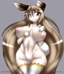 animal_ears areola big_breasts breasts brown_eyes brown_hair erect_nipples female gblastman hair huge_breasts long_hair looking_at_viewer navel nipples nude pussy rabbit_ears