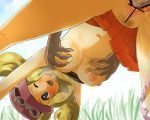  1girl bent_over blonde_hair blue_eyes blush boris_(noborhys) breast_grab breasts censored female_protagonist_(pokemon_xy) grass happy_sex hat hetero large_breasts nipples noborhys one_eye_closed outdoors panties_around_leg pokemon pokemon_(game) pokemon_xy pubic_hair pussy serena serena_(pokemon) solo_focus topless vaginal wince 