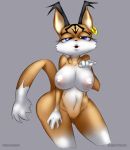 anthro areola big_breasts blue_eyes breasts ear_piercing erect_nipples feline female gblastman huge_breasts looking_at_viewer lynx mayu_(character) miyu_lynx navel nipples nude piercing pussy smile star_fox star_fox_2 video_games