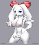 anthro areola big_breasts blue_eyes breasts canine dog erect_nipples fay fay_spaniel female gblastman grey_background hair huge_breasts looking_at_viewer navel nipples nude pussy smile star_fox video_games white_hair