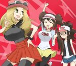 3girls big_breasts black_eyes blonde_hair blue_eyes bouncing_breasts breast_envy breast_expansion breasts brown_hair closed_eyes female green_eyes hair hilda huge_breasts large_breasts long_hair mei_(pokemon) multiple_girls nintendo open_mouth oro_(zetsubou_girl) pokemon pokemon_(game) pokemon_bw pokemon_bw2 pokemon_xy ponytail rosa serena serena_(pokemon) short_shorts shorts skirt touko_(pokemon) twintails