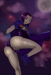 1girl ass boots breasts cloak dc dc_comics dcau erect_nipples fingering grey_skin leotard looking_back masturbation moon night nikuyoku_(benji-buttn) purple_eyes purple_hair pussy raven_(dc) smile solo space spread_pussy spread_pussy_under_clothes star stars teen_titans