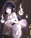 1girl :o bad_id bare_shoulders black_hair blush bottomless door flower ghost hitodama lena_(zoal) looking_at_viewer painting_(object) purple_eyes shingeki_no_bahamut short_hair solo table through_wall vase