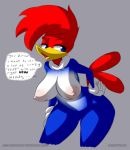 anthro areola avian beak big_breasts bird blue_eyes breasts erect_nipples female gblastman hair huge_breasts looking_at_viewer nipples nude pussy red_hair solo universal_studios winnie_woodpecker woody_woodpecker_(series)