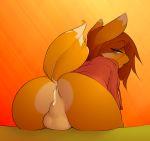 1boy after_sex anus ass bent_over blue_eyes bottomless canine cum cum_in_ass cum_inside cute fox furry gay girly looking_at_viewer looking_back male onta open_mouth orange_fur presenting raised_tail solo tail testicles trap