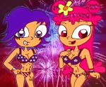 4th_of_july american_flag_bikini ami_onuki bikini bracelet breasts cleavage fireworks flower hi_hi_puffy_amiyumi jewelry long_hair pink_eyes pink_hair print_bikini purple_eyes purple_hair rayryan_(artist) short_hair side-tie_bikini smile twin_tails yumi_yoshimura