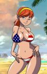 1girl 4th_of_july american_flag_bikini april_o'neil aqua_eyes beach big_breasts bikini breasts cleavage contrapposto female female_only fireworks freckles grimphantom grimphantom_(artist) hairband huge_breasts navel ocean orange_hair palm_tree ponytail print_bikini shiny shiny_skin smile solo teenage_mutant_ninja_turtles