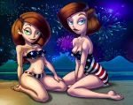 4th_of_july absurdres american_flag_bikini ann_possible beach bikini blue_eyes breasts cleavage disney fernando_faria_(artist) fireworks green_eyes kim_possible kimberly_ann_possible long_hair milf ocean orange_hair print_bikini shiny shiny_skin short_hair smile towel water