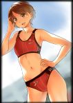 1girl brown_eyes brown_hair contrapposto dutch_angle hand_on_hip midriff navel original short_hair solo sports_bikini twinpoo