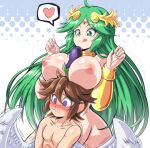 1boy 1girl @_@ angel_wings areola between_breasts blue_eyes blush bocodamondo bracer breasts cleavage clothing crown eggplant eyebrows_visible_through_hair eyelashes green_eyes green_hair headwear high_resolution kid_icarus kid_icarus_uprising licking_lips male nude palutena pit_(kid_icarus) tiara tongue tongue_out wings