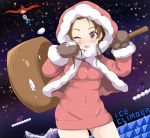 1girl adult blush breasts brown_hair eggplant hammer hood ice_climber mountain nana_(ice_climber) older red_eyes redlark skin_tight snow solo