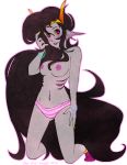 alien black_hair blush bracelet breasts clothing cute feferi_peixes female fins footwear grey_skin homestuck horns jewelry kneeling long_hair looking_at_viewer ms_paint_adventures nail_polish navel nude panties pantsu purple_eyes simple_background socks solo striped striped_panties striped_underwear topless uke-chan_(tumblr) underwear very_long_hair white_background yellow_sclera