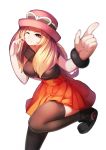 1girl black_legwear blonde_hair bracelet hat jewelry long_hair one_eye_closed pleated_skirt pokemon pokemon_(game) pokemon_xy ririko_(zhuoyandesailaer) serena serena_(pokemon) skirt sleeveless smile solo stockings sunglasses sunglasses_on_head thighhighs wink zhuoyandesailaer