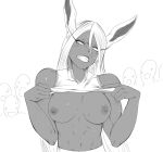 1girl 1girl 1girl animal_ears breasts bunny_ears dark-skinned_female dark_skin female_only female_solo high_resolution lifting_shirt looking_to_the_side medium_breasts miruko monochrome multiple_persona muscle muscular_female my_hero_academia sweat usagiyama_rumi