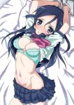 1girl :o aragaki_ayase arms_up bdsm bed black_hair blue_eyes blue_hair blush bondage bound bra breasts cleavage cuffs female handcuffs hirose_(mokiki) long_hair looking_at_viewer lying navel on_back ore_no_imouto_ga_konna_ni_kawaii_wake_ga_nai school_uniform serafuku shiny shiny_skin shirt_lift skirt solo underwear